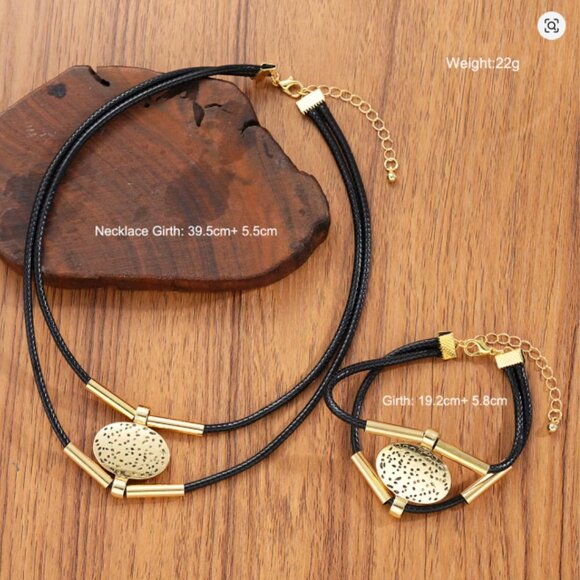 Vintage Oval Metal & Faux Leather Necklace + Bracelet Set – Double Layered, Gold - Picture 2 of 2